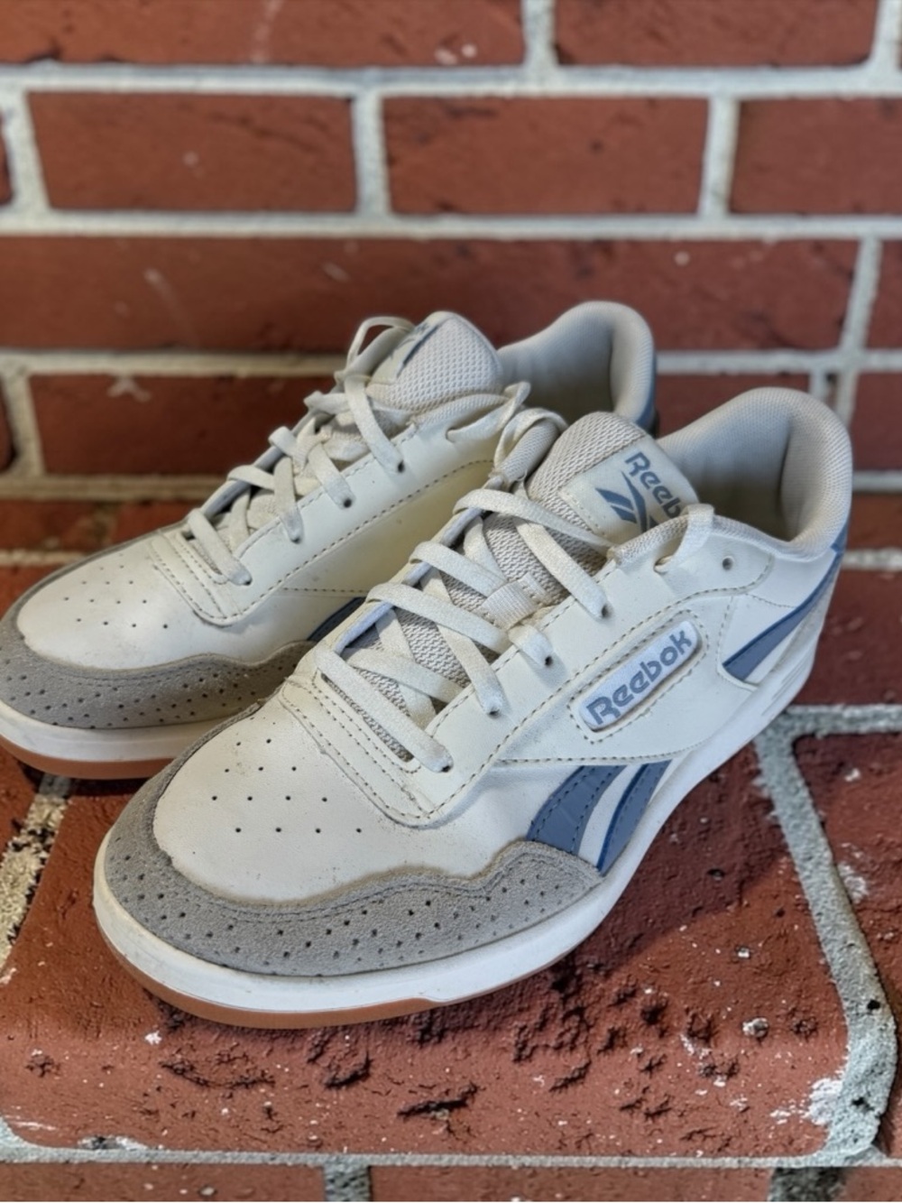 Reebok White & Light Gray Retro Court Sneakers with Blue Accents